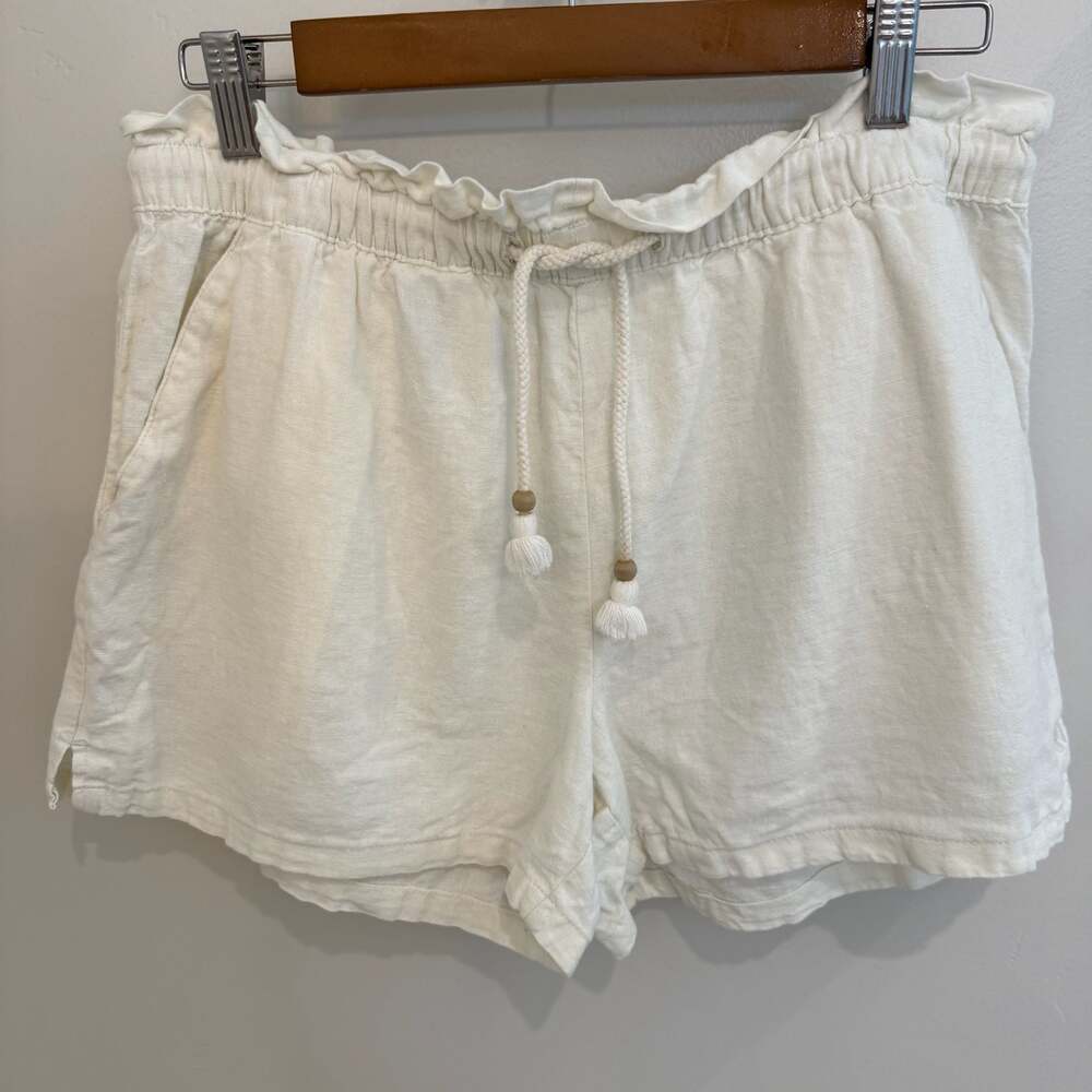 Hang Ten White Linen Blend Paperbag Waist Shorts with Tassel Drawstring Size M